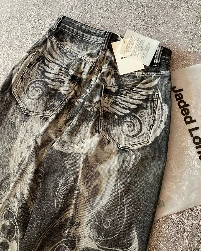American Oversized Printing Washed Old Casual Jeans