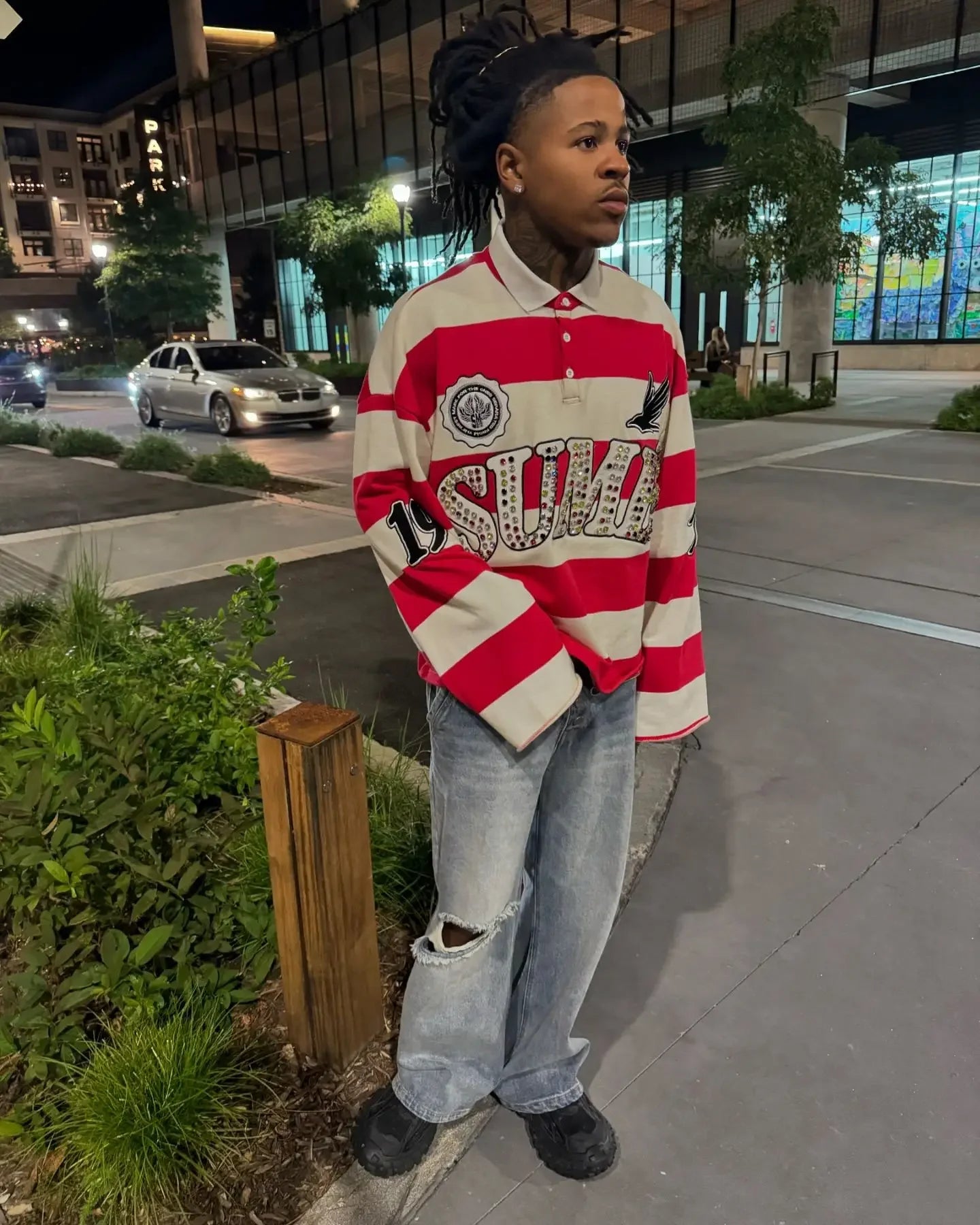 Hip Hop Klein Stone Embroidery Stripe Polo Shirt