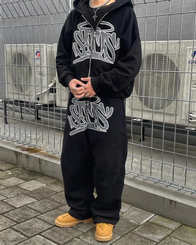 Harajuku Set Streetwear Retro Zipper Hoodie Hip Hop