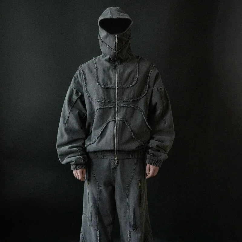 Washed Denim Jacket Y2K American Double Zipper Gothic