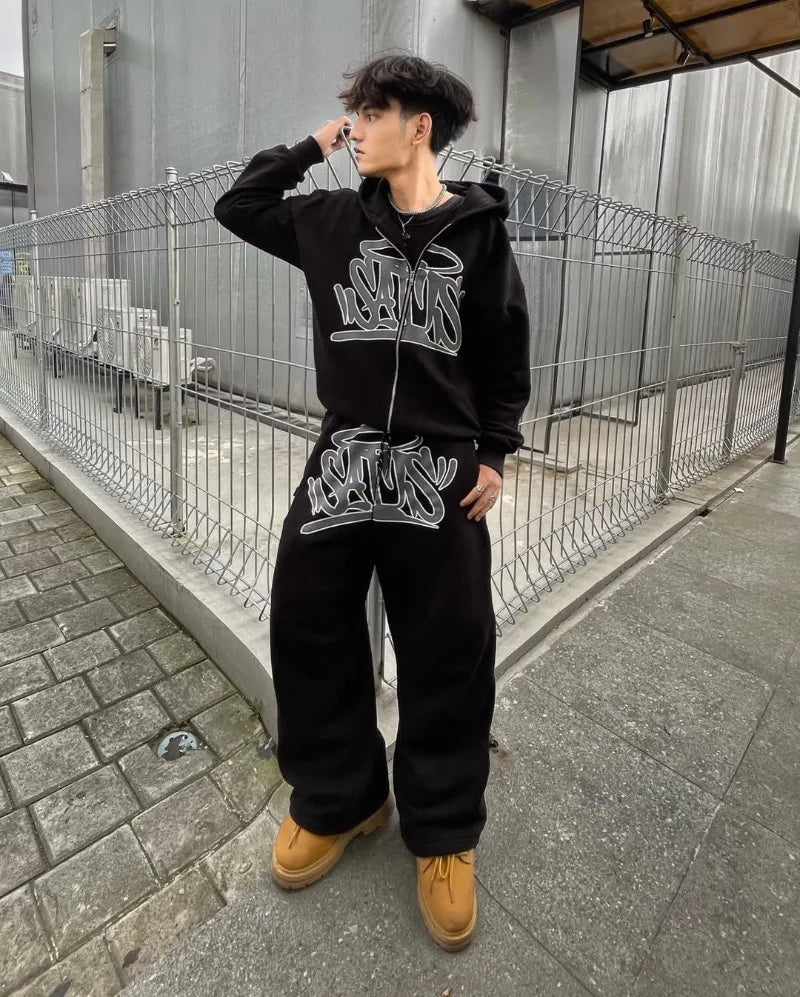 Harajuku Set Streetwear Retro Zipper Hoodie Hip Hop