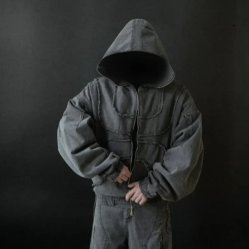 Washed Denim Jacket Y2K American Double Zipper Gothic