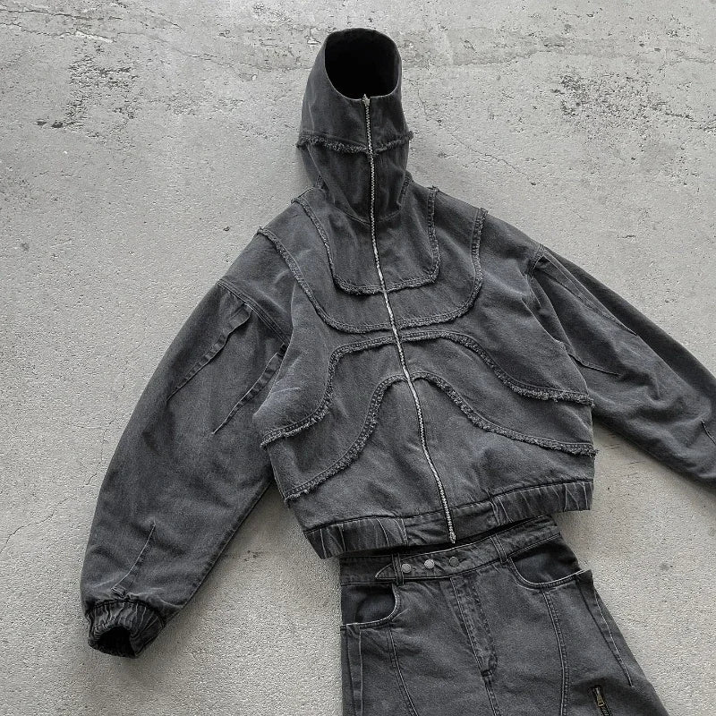Washed Denim Jacket Y2K American Double Zipper Gothic