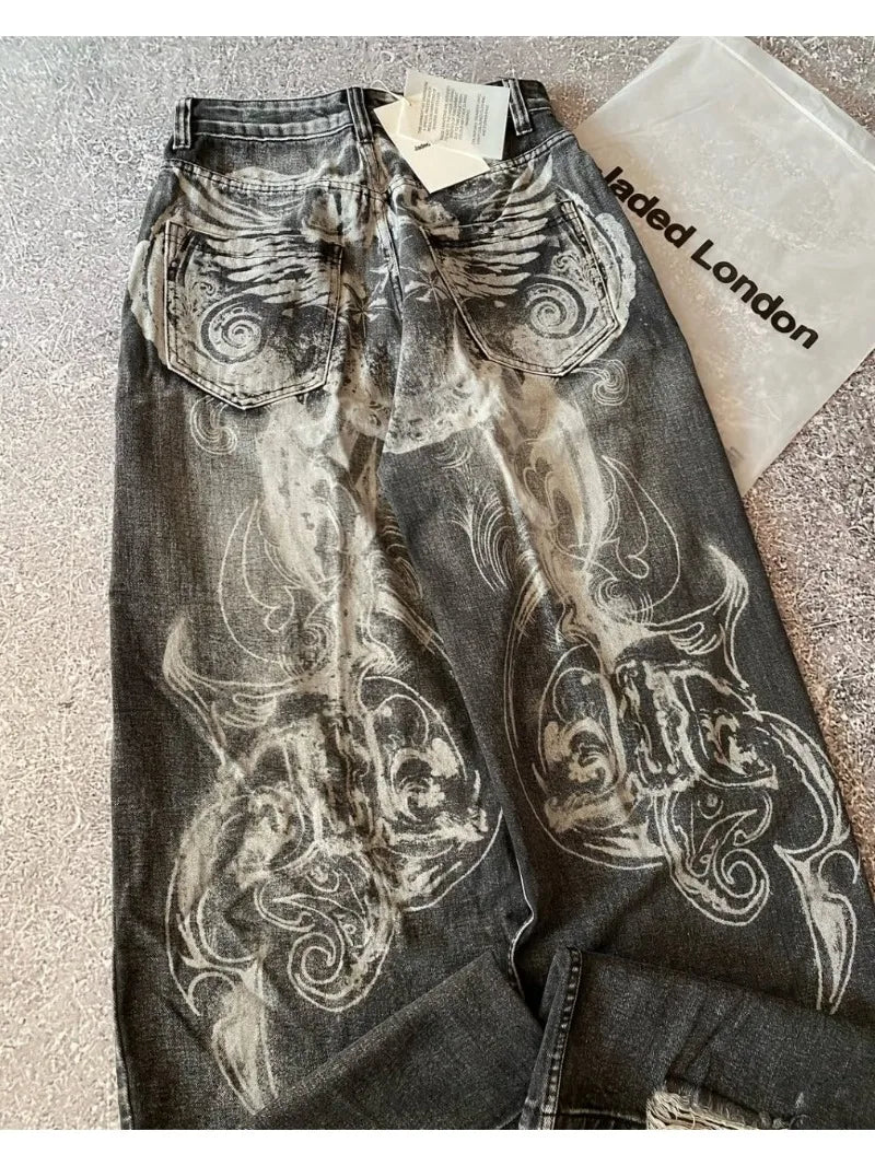 American Oversized Printing Washed Old Casual Jeans