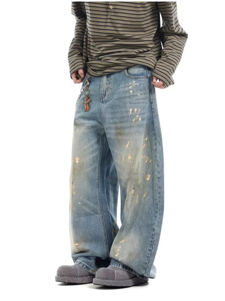 2025 Streetwear Paint Graffiti Blue Baggy Jeans 90S Vintage