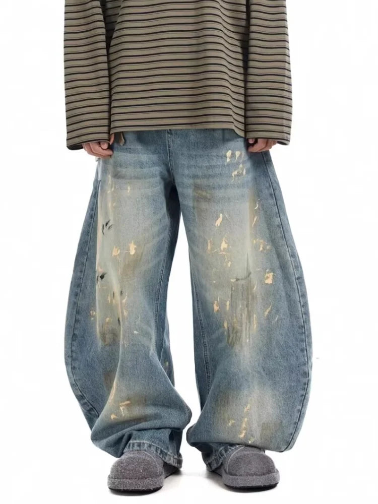2025 Streetwear Paint Graffiti Blue Baggy Jeans 90S Vintage