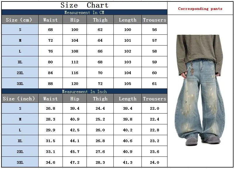 2025 Streetwear Paint Graffiti Blue Baggy Jeans 90S Vintage