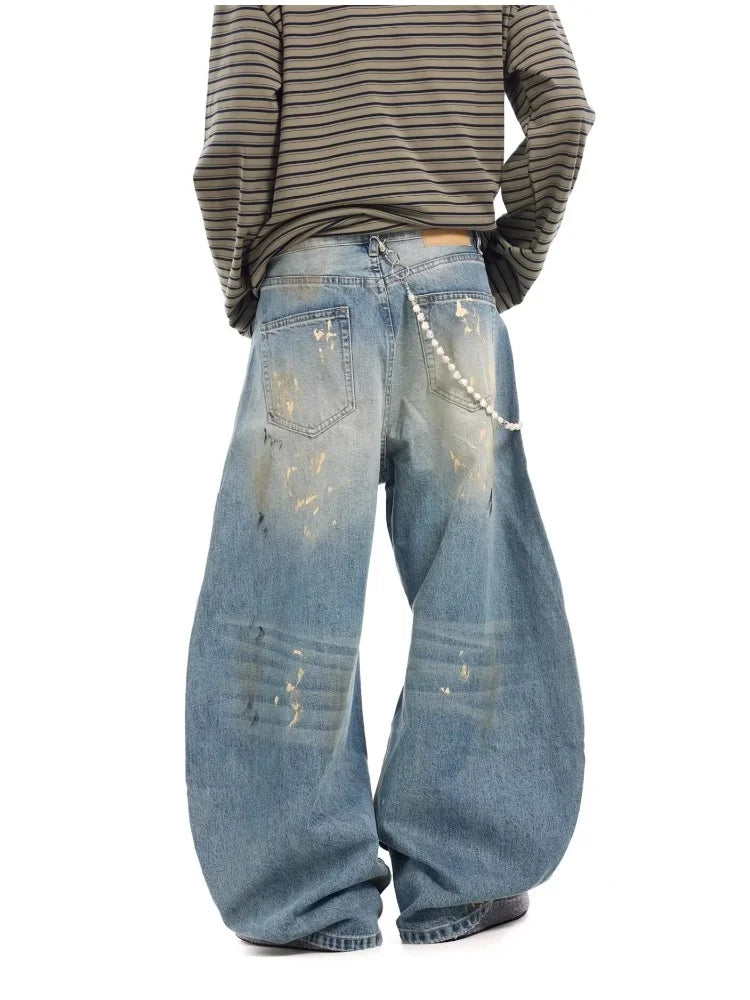 2025 Streetwear Paint Graffiti Blue Baggy Jeans 90S Vintage