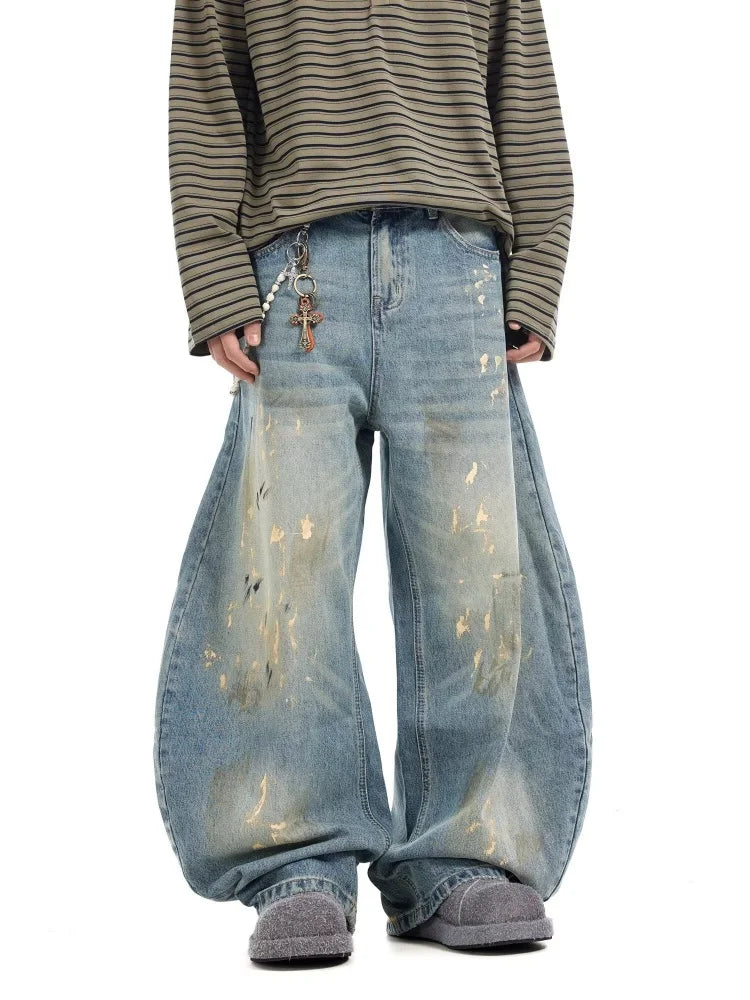 2025 Streetwear Paint Graffiti Blue Baggy Jeans 90S Vintage