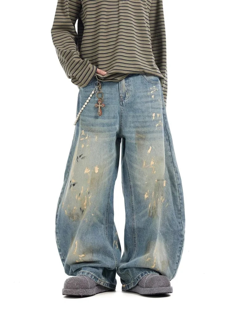 2025 Streetwear Paint Graffiti Blue Baggy Jeans 90S Vintage