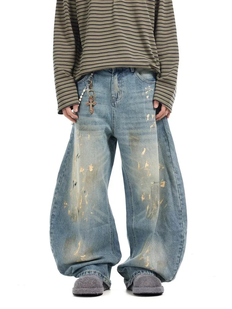 2025 Streetwear Paint Graffiti Blue Baggy Jeans 90S Vintage