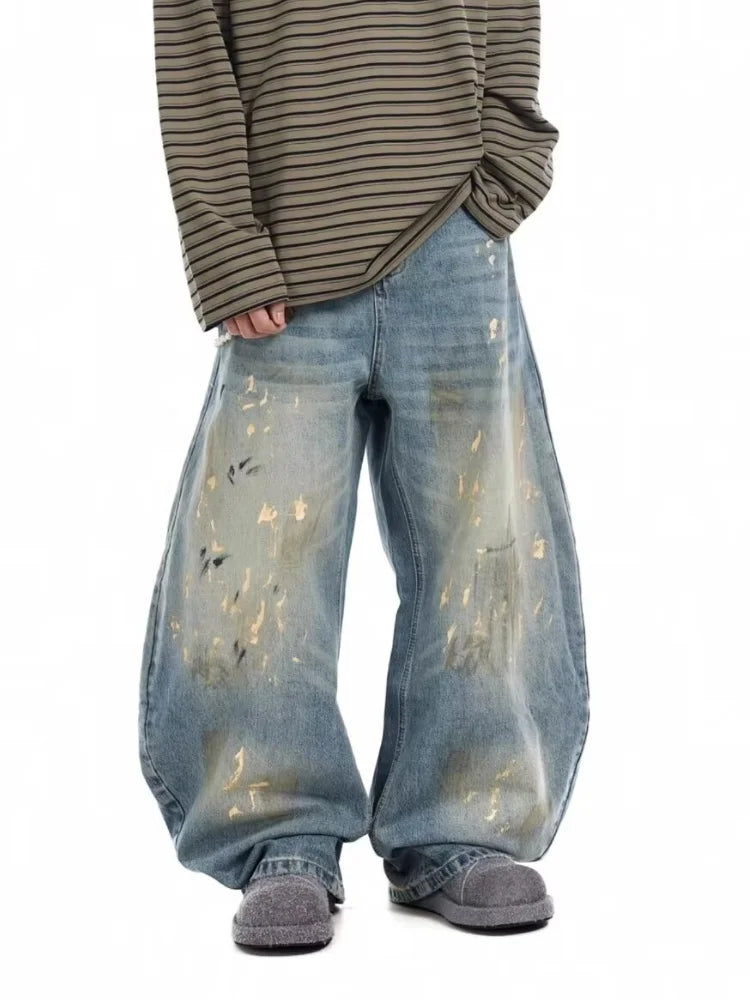 2025 Streetwear Paint Graffiti Blue Baggy Jeans 90S Vintage
