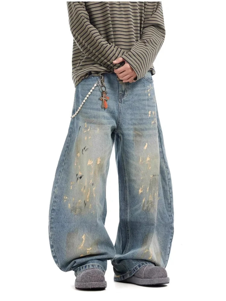2025 Streetwear Paint Graffiti Blue Baggy Jeans 90S Vintage