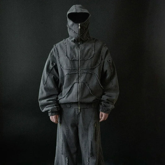 Washed Denim Jacket Y2K American Double Zipper Gothic