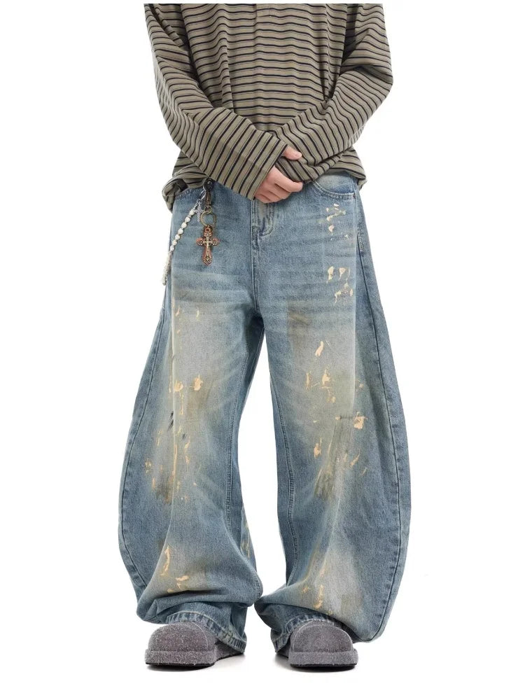 2025 Streetwear Paint Graffiti Blue Baggy Jeans 90S Vintage