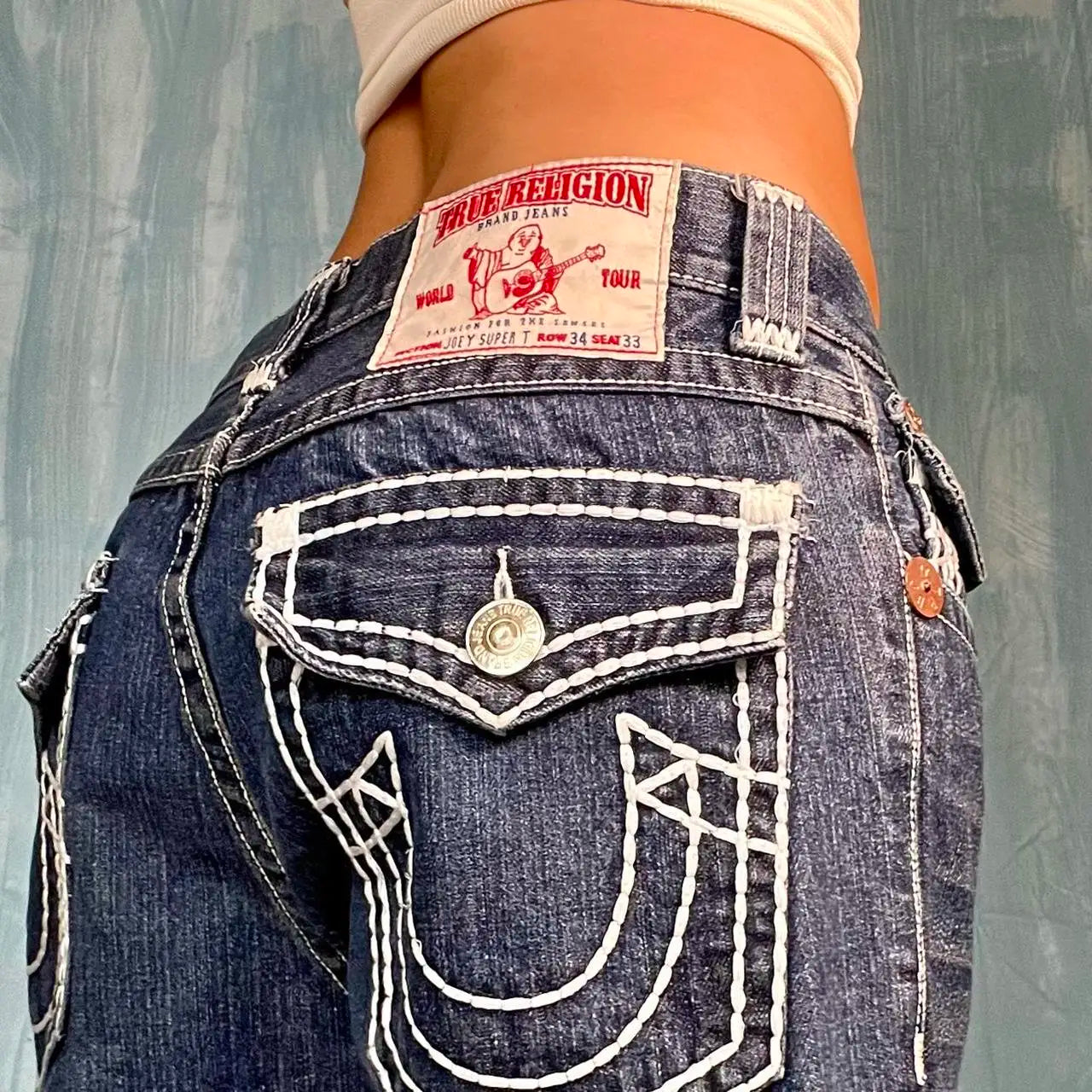 Vintage 90s Embroidery Pocket Blue Baggy Jeans