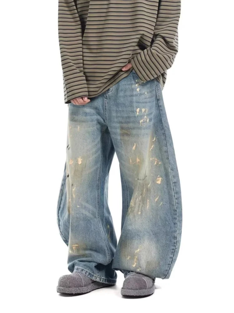 2025 Streetwear Paint Graffiti Blue Baggy Jeans 90S Vintage