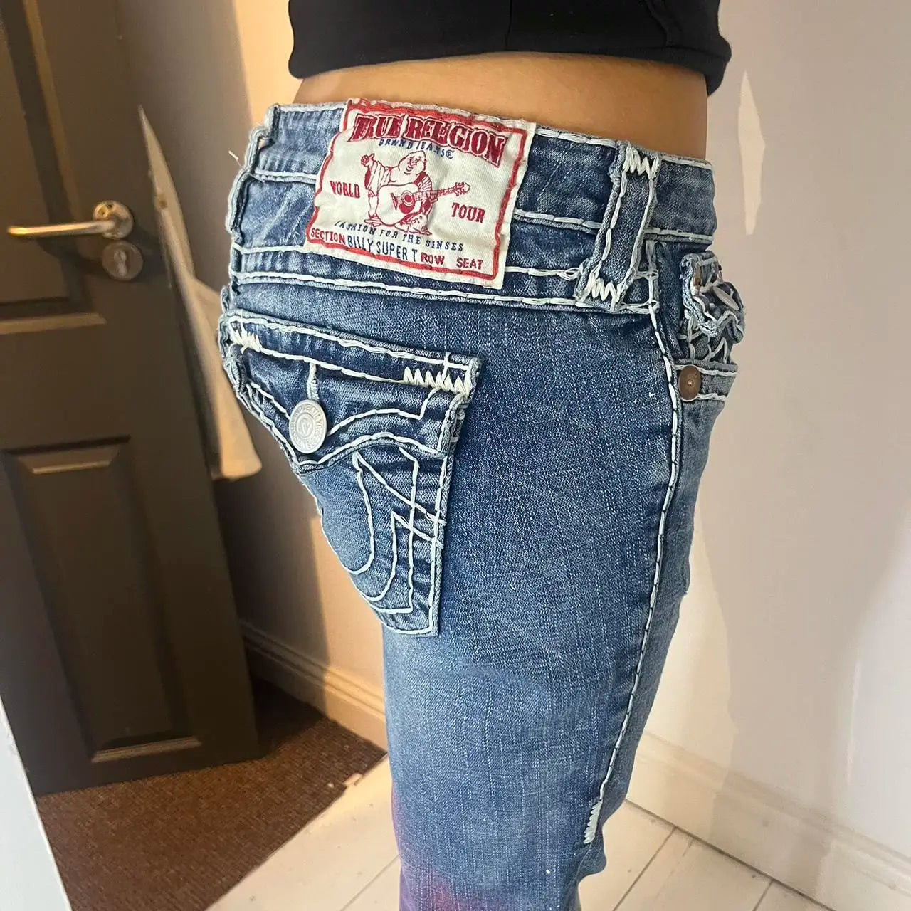 Vintage 90s Embroidery Pocket Blue Baggy Jeans
