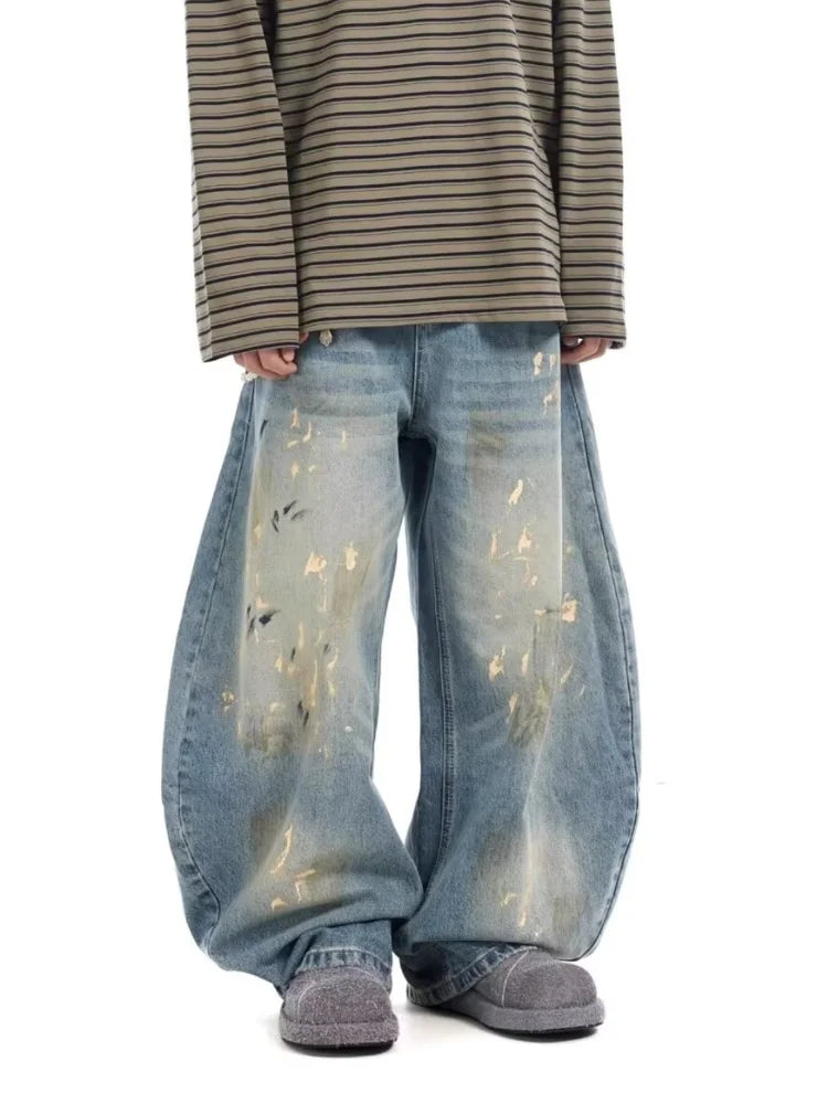 2025 Streetwear Paint Graffiti Blue Baggy Jeans 90S Vintage