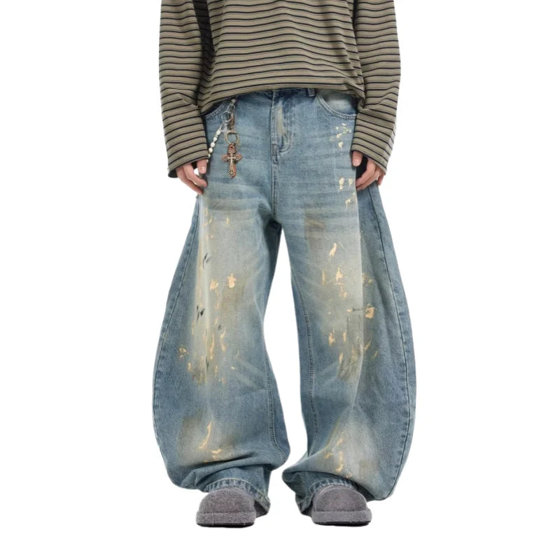 2025 Streetwear Paint Graffiti Blue Baggy Jeans 90S Vintage