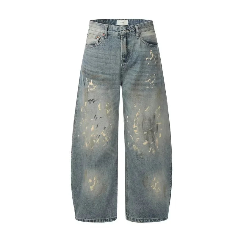 2025 Streetwear Paint Graffiti Blue Baggy Jeans 90S Vintage