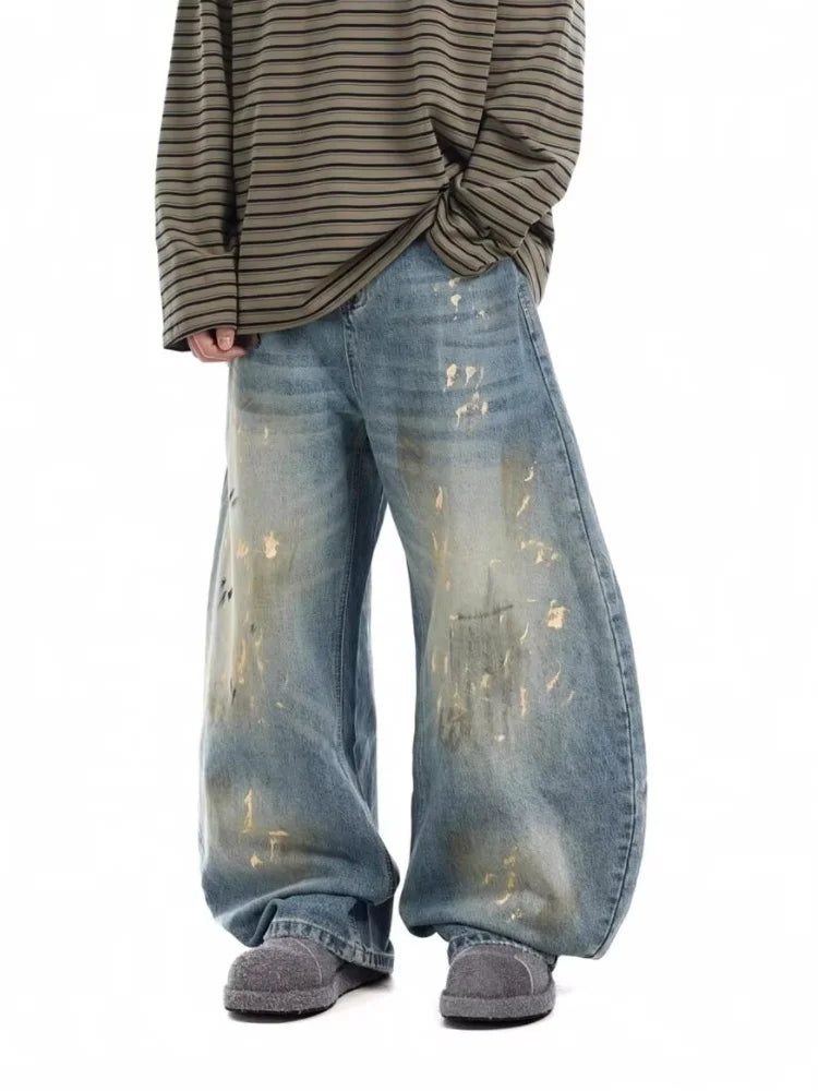 2025 Streetwear Paint Graffiti Blue Baggy Jeans 90S Vintage