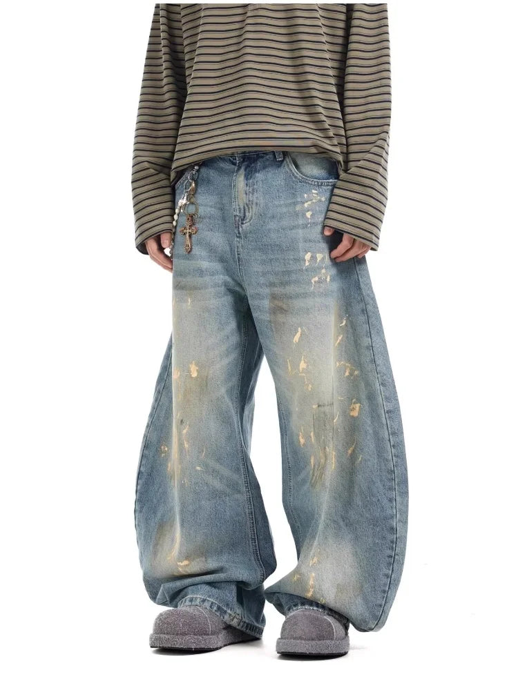 2025 Streetwear Paint Graffiti Blue Baggy Jeans 90S Vintage