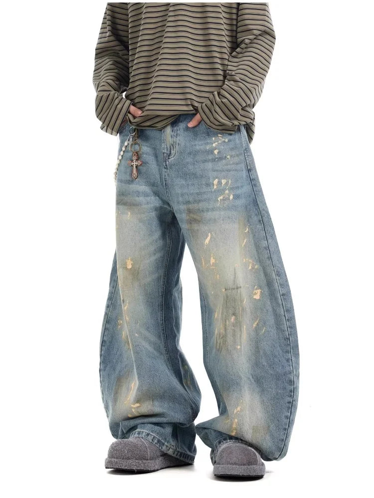 2025 Streetwear Paint Graffiti Blue Baggy Jeans 90S Vintage