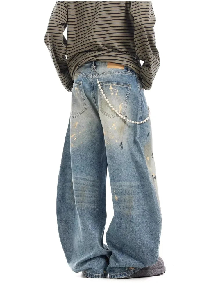 2025 Streetwear Paint Graffiti Blue Baggy Jeans 90S Vintage